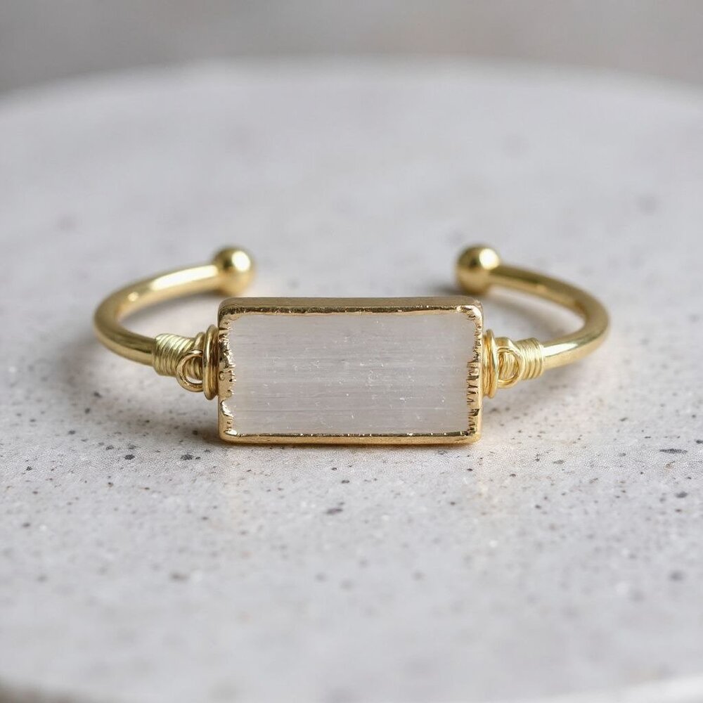 Handmade ✦ Selenite Bar Wire‑Wrap Cuff ✦ 14Kt Gold Over Copper Adjustable NWT